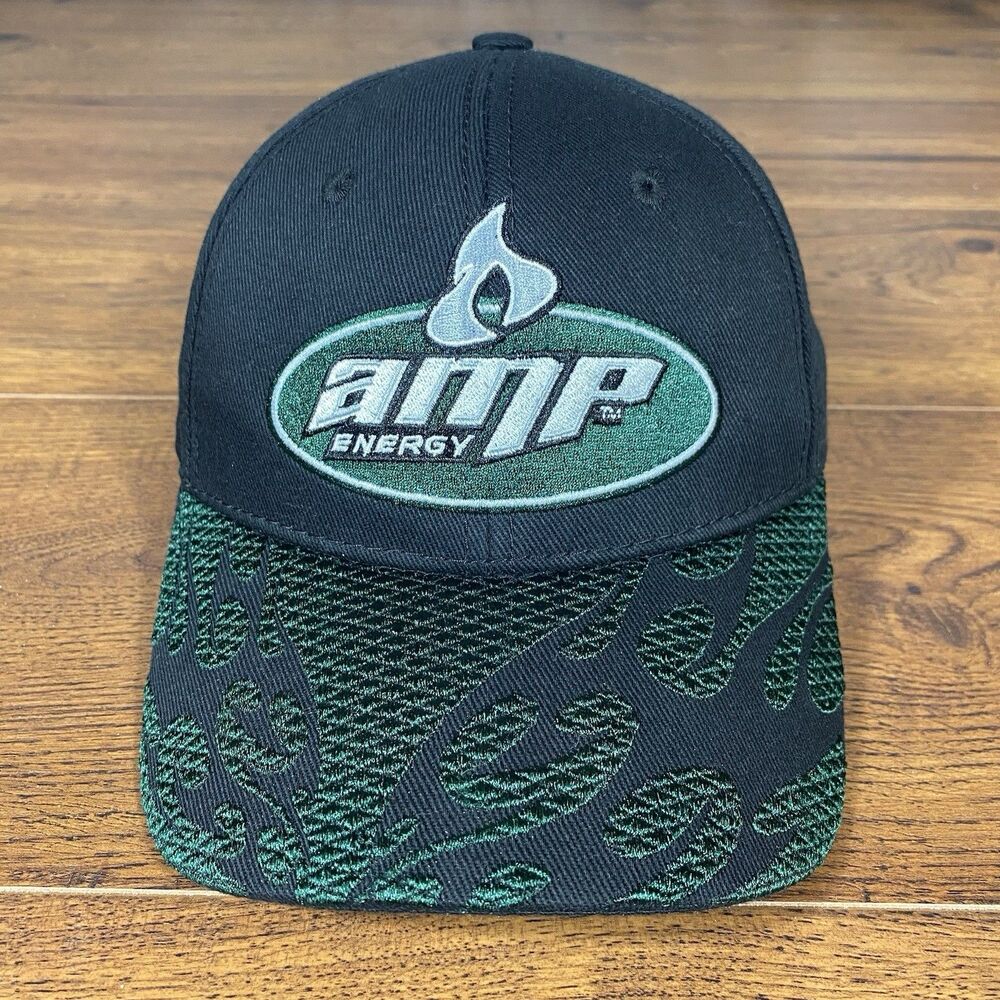 Amp Energy Drink Racing Hat Strapback Cap Black Green Flame Brim Adjustable